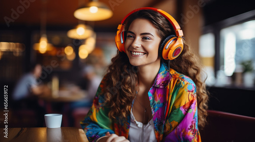 Beautiful young woman in headphones and with a microphone conducts a podcast, blogger communicates with her subscribers on social networks