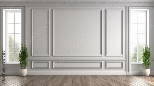 Classical empty room interior 3d render,The rooms have wooden floors and gray walls ,decorate with white moulding,there are white window looking out to the nature view.