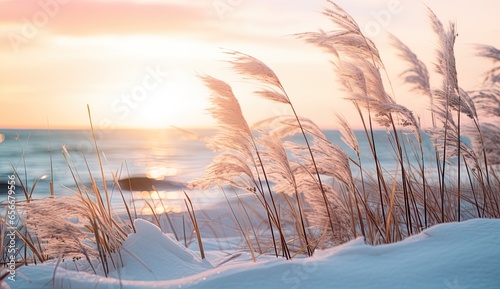Grasses in snowy dunes in the front of the serene and tranquil winter scene. Sea and sunset, sunrise in the background. Golden soft light for romantic, loving emotions. 
