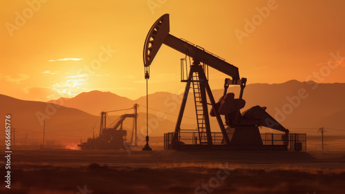 Silhouette of Crude oil pumpjack rig on desert silhouette in evening sunset, energy industrial machine for petroleum gas production