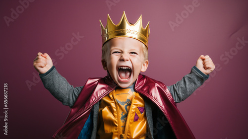 laughing toddler dressed up as a prince