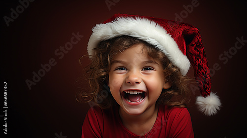 portrait of a toddler in christmas clothes laughing