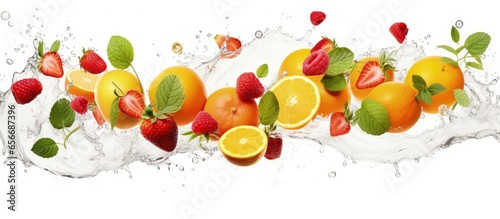 Assorted fresh fruits and mint leaves in motion suitable for banners with copyspace for text