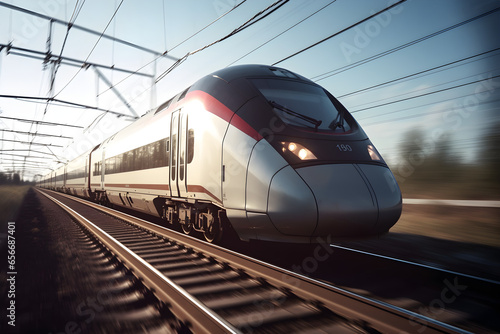 High speed train on the railway track with motion blur background, Commercial transportation, modern passenger train