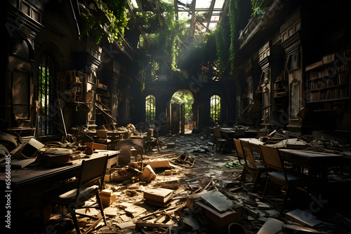 Ruins of school library at war zone.