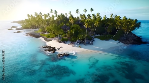 Tropical island with palm trees at sunset. Panorama.