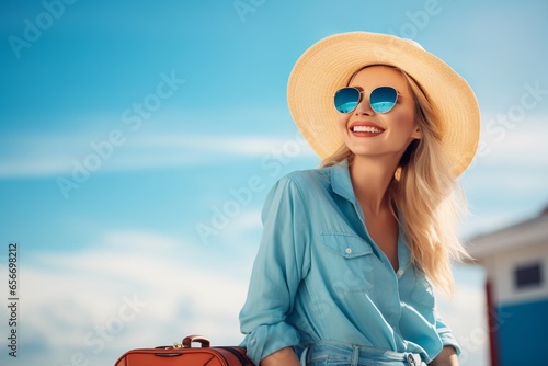 A stylish, smiling blond woman, suitcase in hand and dressed in trendy jeans, chic blouse, hat, and sunglasses, exudes the spirit of summer vacation and fashion
