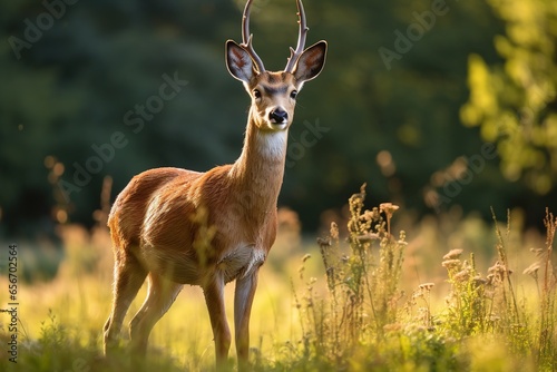 roebuck in the meadow near the forest.