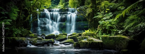 Cascading waterfall amidst lush greenery background.