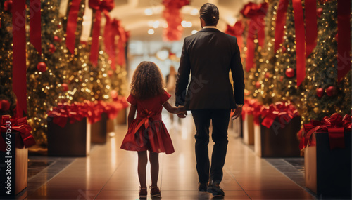 An elegant Caucasian father arrives with his young daughter wearing a red dress and a bow in her hair at the entrance to the decorated Christmas centre, movie shot.