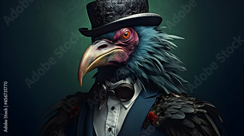 the bird is wearing a dark suit, in the style of photorealistic surrealism, aleksandr deyneka, corporate punk, colorful costumes