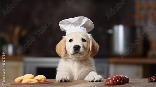 Funny golden retriever puppy in chefs hat looking at the camera ai generative