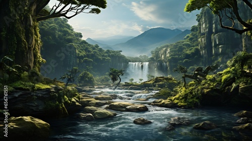 amazon rainforest river landscape with waterfall