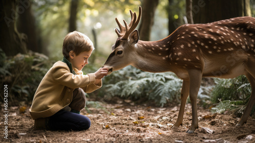 Generative AI, child, boy or girl petting and feeding a deer in a zoo, reserve, fawn, kid, nature, sika deer, park, roe deer, fallow deer, forest, wild animal, baby, trees, zoology, young naturalist