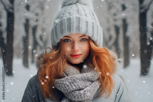 Portrait of a young woman in a winter snowy forest