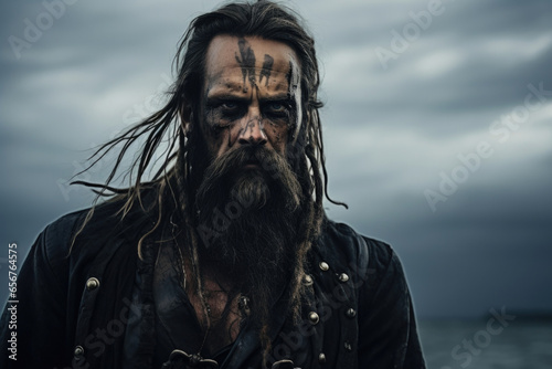 A gruff and serious pirate with a long, braided beard, standing against the backdrop of a deserted island surrounded by ominous dark clouds.