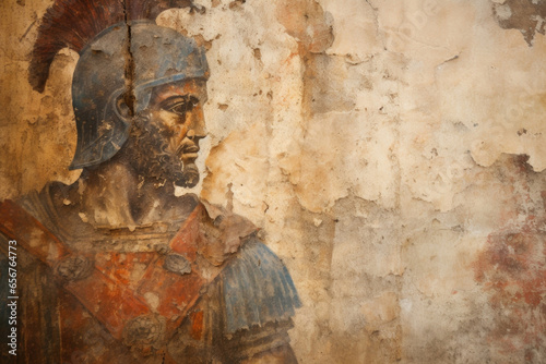 Faded frescoes adorn the walls as a seasoned gladiator confidently raises his trident, his gaze meeting an opponent yet unseen, projecting a silent certainty of victory.