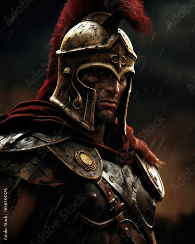 Against a dramatic backdrop of thunderstorms and lightning, a Roman legionnaires silhouette stands out, embodying the wrath and power of the Roman military machine.