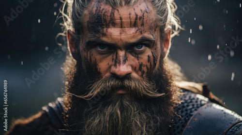 A hulking Viking with a thick, messy beard that partially obscures his stern expression, giving him an imposing and foreboding aura.