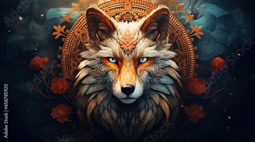 An image highlighting the fox's head in various folklore and mythology contexts with space for text. Background image, AI generated