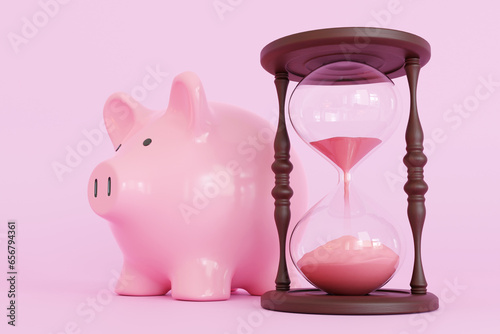 Pink piggy bank standing next to a hourglass on pink background. Illustration of the aphorism of time is money
