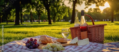 Delicious food and wine on green grass in park with a picnic blanket