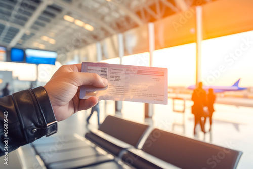 Close up of passenger holding up plane ticket with the airport in the background, concept of travel by air