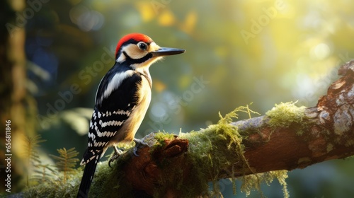 Adorable woodpecker hanging from a tree branch