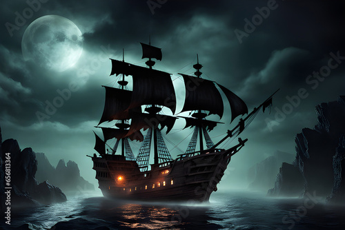 Ghost pirate ship on the sea