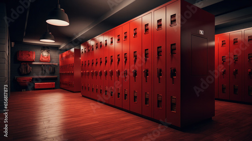 Red lockers in generic locker room with wooden bench
