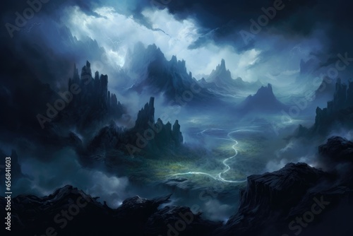 Beneath the obsidian sky, floating stone archipelagos drift amidst ethereal mists, where thunderstorms of elemental magic crackle and reshape the very landscape.