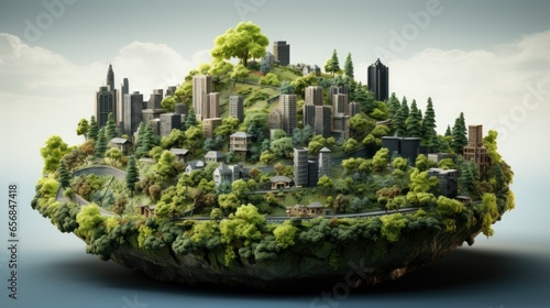 The concept of a green city, located on a beautiful island located above