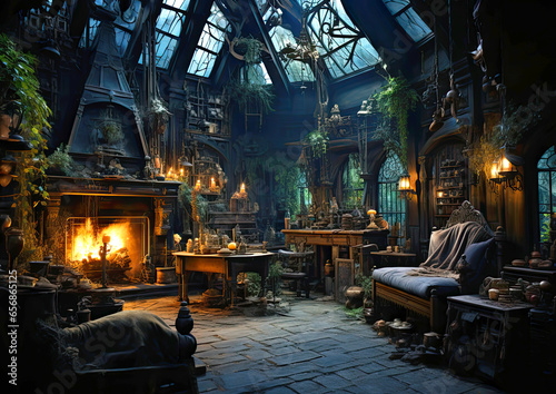 Interior decoration, interior of the witch house in the dark forest