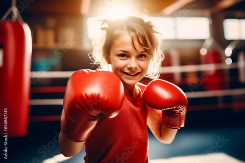 Young girl wearing red boxing gloves in boxing ring.