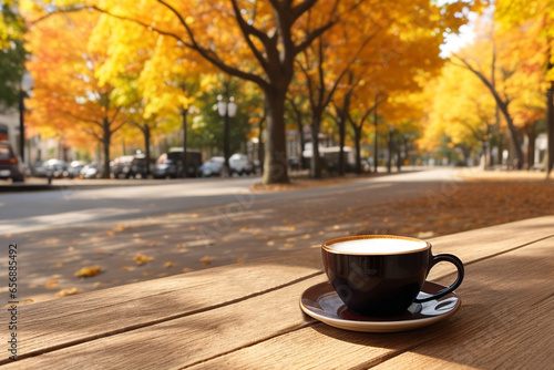 Cup of coffee on a table among autumn leaves in a street cafe. Generative AI.