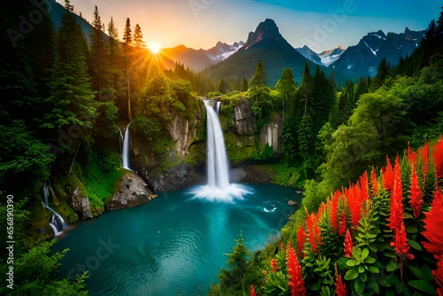 aerial view of waterfall in mountain and forest at sunrise, aerial sunrise over waterfall in mountain and forest paradise, aerial waterfall in the majestic mountain and forest, aerial waterfall amidst