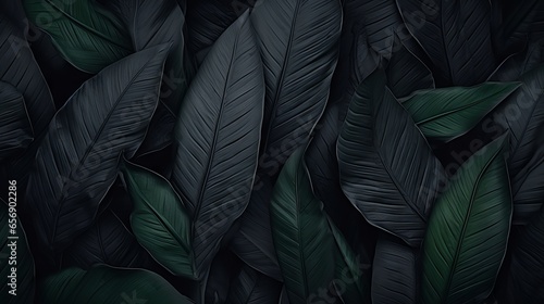 Abstract black leaves on dark background: a flat lay texture of tropical nature