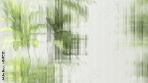 Fresh beautiful green tropical dracaena tree behind transparent reeded glass in sunlight with copy space for modern, luxury fashion, beauty, cosmetic, skincare, body care, product background 3D