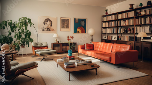 modern interior, retro 70s style, living room filled with vintage furnitures