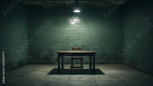 an empty interrogation room in a gloomy atmosphere