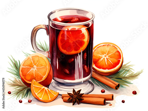 Watercolor illustration of hot mulled wine in a glass with spices isolated on white background