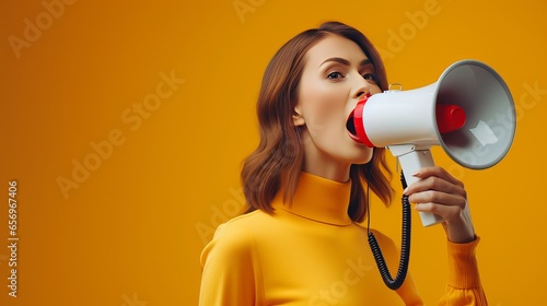A girl on a plain yellow background shouts loudly into a bullhorn and announces the start of Black Friday Sale Day.