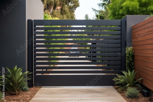 Surburb home with dark metal aluminum house gate, slats garden access door. Generative AI