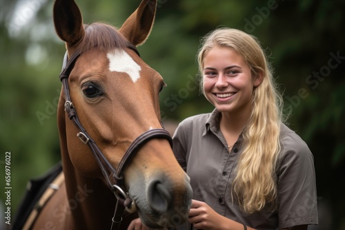 a young woman smiling while holding the reins of her horse