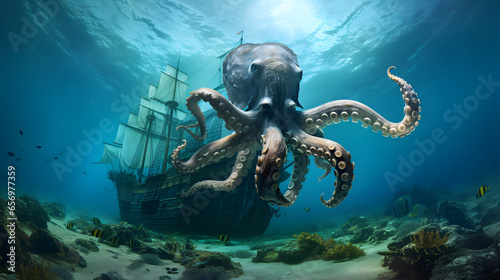 Giant octopus attacking a large galleon. Fantastic wallpaper background. 