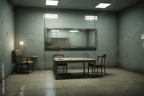 An empty interrogation room features a stark table and chairs, with a one-way mirror allowing for covert surveillance by officers watching from the other side