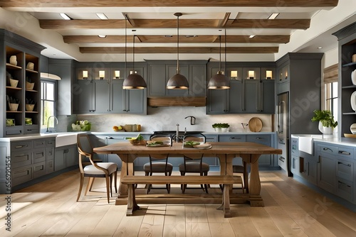 A farmhouse kitchen with a rustic wooden table and beams.