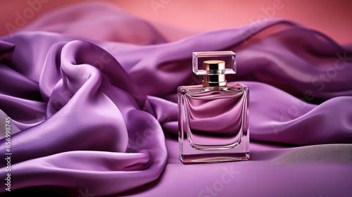 perfume bottle on a folded purple silk fabric - product photo mockup (generative AI)