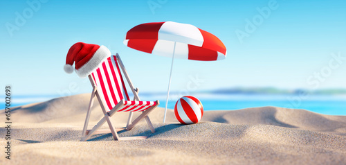 Beach chair with Santa Claus hat at summer beach with umbrella - 2024 holiday concept - 3D illustration