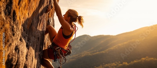 Woman determined to do rock climbing in the mountains